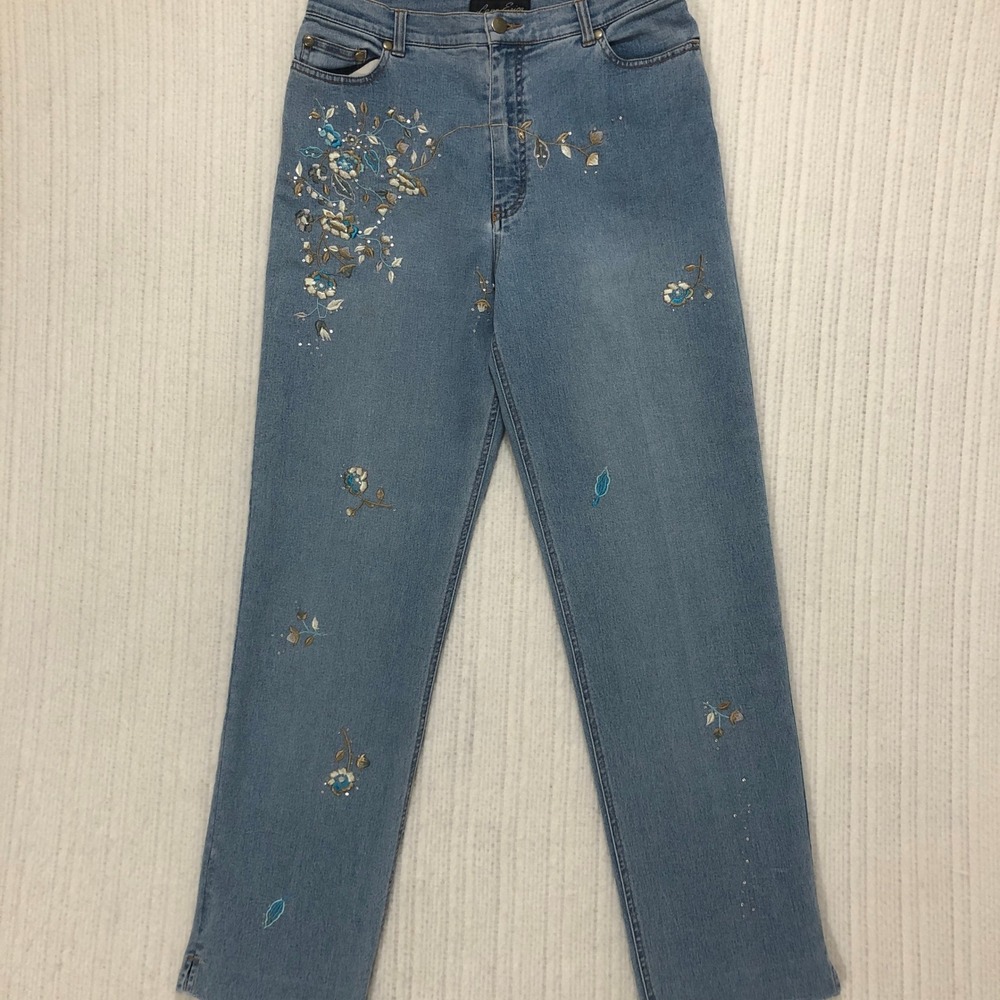Lana Erica Floral Embroidered Sequin High Rise Straight Leg Jeans Blue Denim